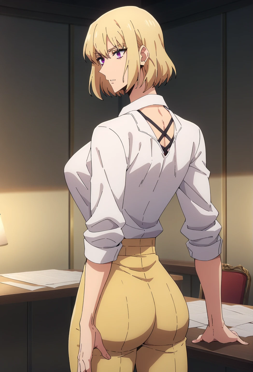 1girl, blonde hair, hair ornament, bare shoulders, closed mouth, green eyes, ponytail, hairclip, hair over one eye, BREAK BREAK indoors, classroom,school, BREAK looking at viewer, BREAK (masterpiece:1.2), best quality, high resolution, unity 8k wallpaper, (illustration:0.8), (beautiful detailed eyes:1.6), extremely detailed face, perfect lighting, extremely detailed CG, (perfect hands, perfect anatomy),room,night,skinny fit,small ass,full body,stockings,cleavege,neckline,black choker, purple dress, sleeveless, gloves, sitting on table,spread legs.