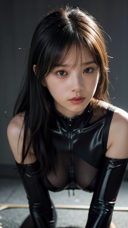 rabbit ears, black rabbit ears, fake rabbit ears, pantyhose, black pantyhose,bowtie, wrist cuffs, black leotard, (8k, RAW photo, best quality, masterpiece:1.2), (realistic, photo-realistic:1.4), (extremely detailed 8k wallpaper), Photo of a beautiful Japanese idol 12 years old woman., (((Very small breasts))), ((Baby Face)), (((sweaty armpits))), Armpit depression, ((((Dimpled Armpits)))), ((((Deeply wrinkled armpits))))