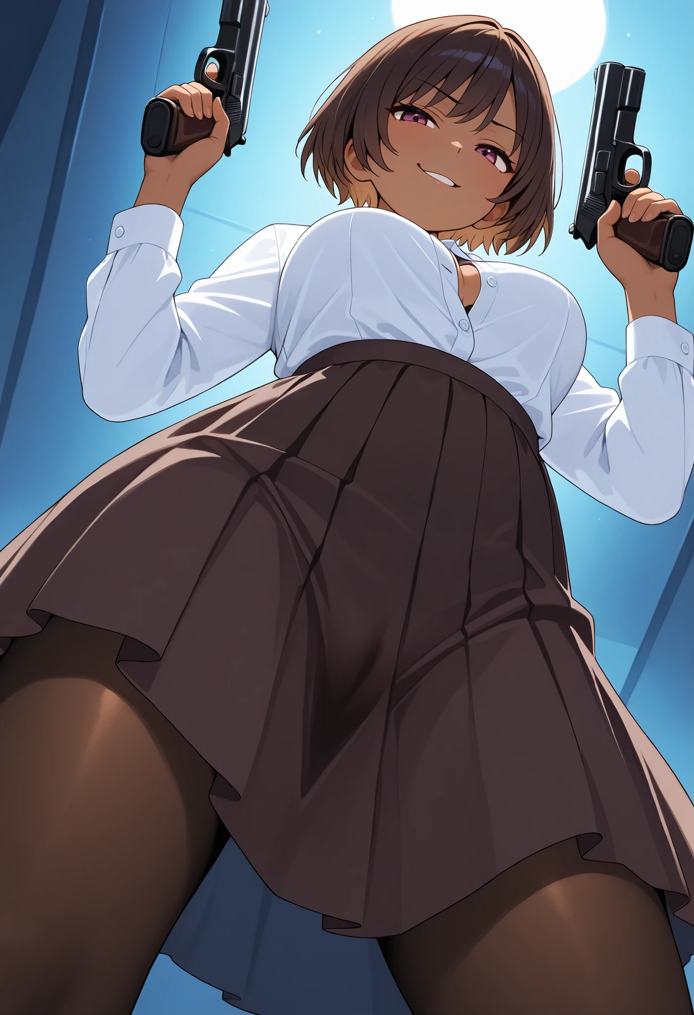 dark blond hair, short hair, permed hair, brown skin, unbuttoned shift, dark long skirt, show off her dark pantyhose with (pubic hair and clitoris outline:0.7), smirk, handguns in her both hands, angle from below,