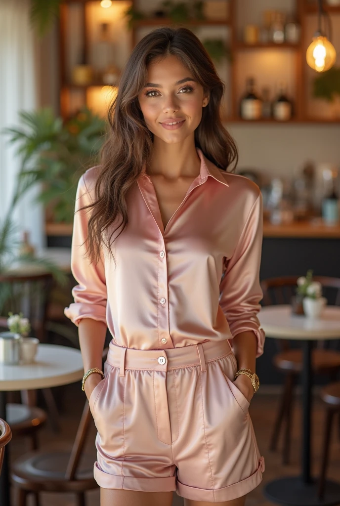 a beautiful Brazilian woman with white skin and medium length wavy black hair,she is happy, has a toned body and big buttocks. She is wearing white couture tailored pants and a pink long sleeve blouse..She is wearing beautiful black high heels. She is in her therapy office looking beautiful, taking pictures. Ultra-realistic photo with full HD 4k quality
