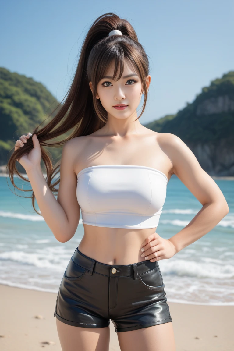 (logo、masterpiece、8k、Tabletop、RAW Photos、wonderful、最high quality、フォトリアリスティックでVery detailedな CG 統合 8k 壁紙、high quality、Very detailed、Narrative poem、Particle Effects、Dynamic Effects、Written boundary depth、Cinematic Light、Lens flare、Ray Tracing)、Fantasy、 (One beautiful woman、White pants、White T-shirt、White tube top、White crop top、Black-haired、Beautiful Face、True Face、Beautiful details、eye、Beautiful Skin、Ultimate Body、glamorous)、私の髪はWindに舞う、Hair flutters in Wind、Hair bounces、Seaside、wonderful景色、Coastal、sunrise、Sun in the background、Wind、Beach