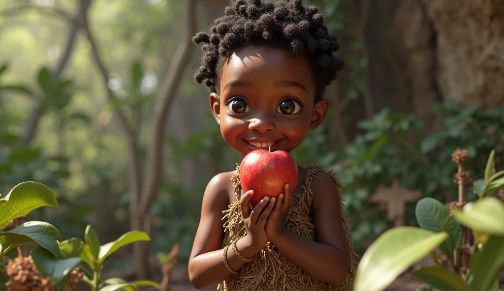 A brown-skinned boy with darker skin with curly hair holding an apple and in the background a book cover vampire "a vampire in love" realistic older ager and lighter skin very old older than 18 a little older