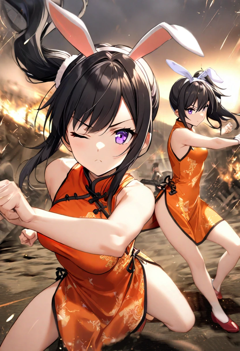 (Action Scenes),((high quality anime, 8k,masterpiece,Perfect Anatomy)),cowboy shot,1 female,(beautiful detailed face and eyes,gorgeous eye:1.3,black eyes),master of success、The perfect 20 years old,Black Hair、Straight hair,blunt bangs,twin bun,up hair,hair flaps,Serious expression、small breasts,small face:1.5,slender body,skinny,sweat:1.3,Black mini cheongsam、Sleeveless、Thigh、Lots of exposure、slit、Black fingerless gloves for martial arts、(Kouo's stance、Fighting)、Arena、Outdoor、