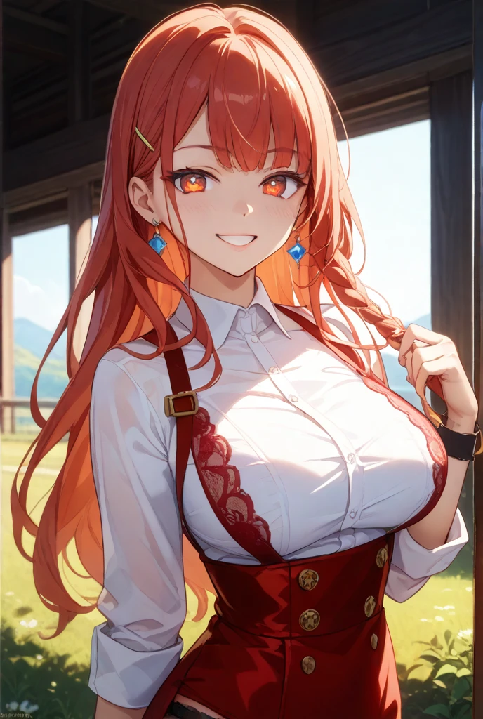 RED_Ribbon_on_HAIR_band,(nsfw:0.7),Masseter muscle part, highest quality, Super high resolution, highest quality, anime style, best lighting, beautiful face, masterpiece, 8K, High level image quality, High pixel count, 1 woman, 1 girl,solo, Blonde and red gradient hair, red eyes, A big smile, Full body Esbian, (Face-centric:1.1), facing the front, wearing a uniform, village background, countryside village, upper body, (White haori:1.2), (Medium breasts:1.1), WHITE tights, Chest opens:1.4,cleavage,cleavage cutout,hosimiya ichigo