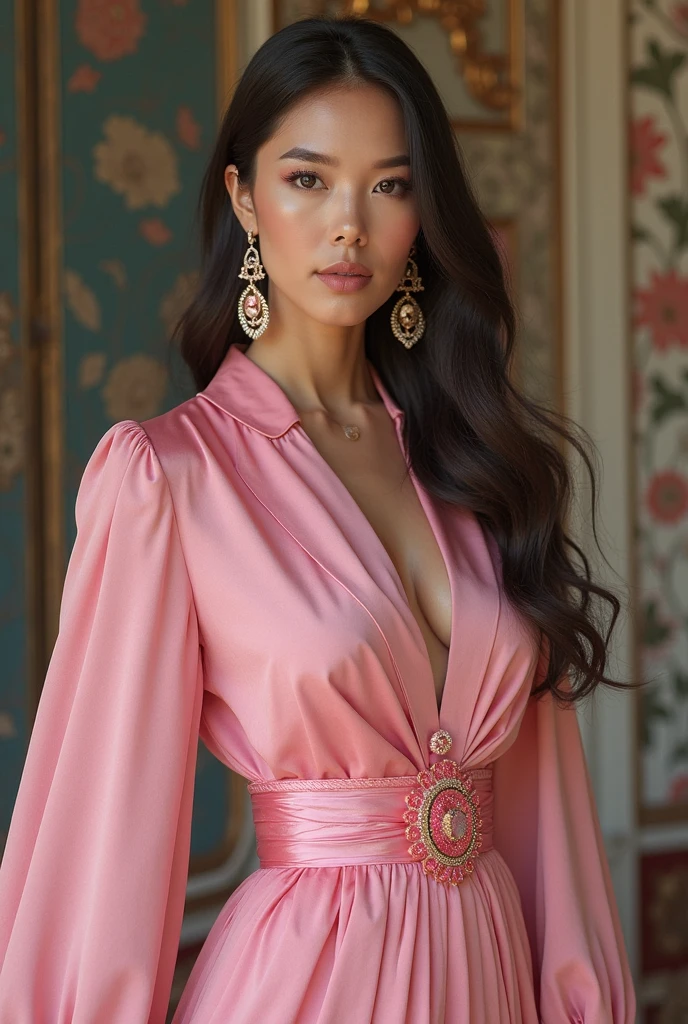 Realistic rich beautiful judgemental filipina mom wearing pink dress and gold jewelries 