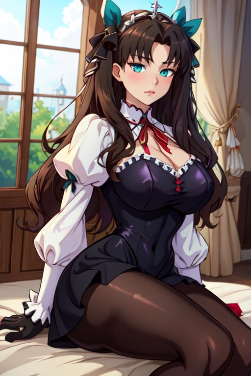 Lisa, genshin impact, 1 girl, alone, huge breasts, cleavage, hair between eyes, messy hair, large chest, long hair, looking at the viewer, brown hair, red short nails, green eyes, alone, Thighhighs, ((masterpiece)), maid dress, maidフク, maid, skirt, stockings, ribbon, maid uniform, sitting, bedroom, bed, pillow, window, night sky, blush, sexy pose, adult woman, sexy woman, thick thighs, open your mouth, blush, eyes half closed, put your hands on your breasts, Put your hands on your chest