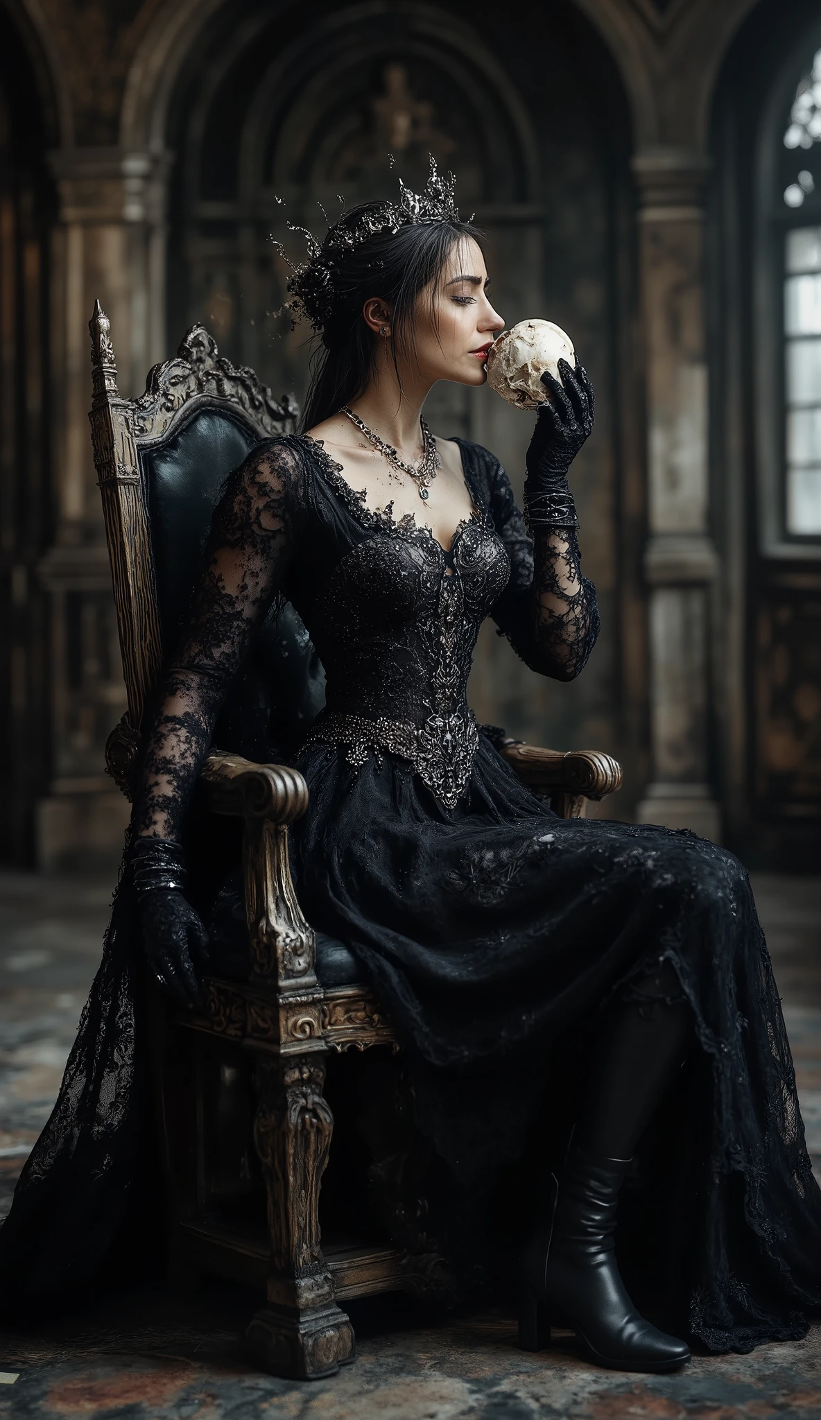 Gothic, 1girl, solo, beautiful, midnight, Dark Queen, ebony long hair, long eyelashes, full eyes, [Narrow face , Mole under the eye, Wet lips, Slim Body , Sexy One Shoulder Medieval European Black Lace Skirt, crown,Metal Necklace, Long Sleeve Lace Gloves, Black high heel boots, In the Empty Dark Palace Hall, sitting on a throne, kissing a skull on her hand,
Official Art, Extremely detailed CG, Unity 8K wallpaper, (High Dynamic Range :1.4), (Movie atmosphere),(Soft colors), (Natural skin texture, ultra-Practical, Soft Light, sharp),(Very detailed), (best quality, masterpiece:1.2), Extremely detailed, (Practical:1.37), ((Random Scenes, Random shooting angle)),