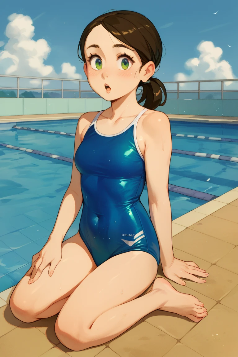 ((masterpiece,Highest quality)),Two Girls, Swimsuit, High leg,, Black Hair, Poolside, Day, Swimming Stadium, ,Tie-up hair, View your viewers, Recall, Multiple Girls, heart, Outdoor, Brown Hair, ribbon, barefoot,  stage, Are standing, Soaking wet, glamorous、Plump