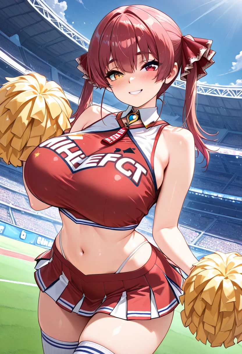 ((She wears a bright red skirt of normal length.))、