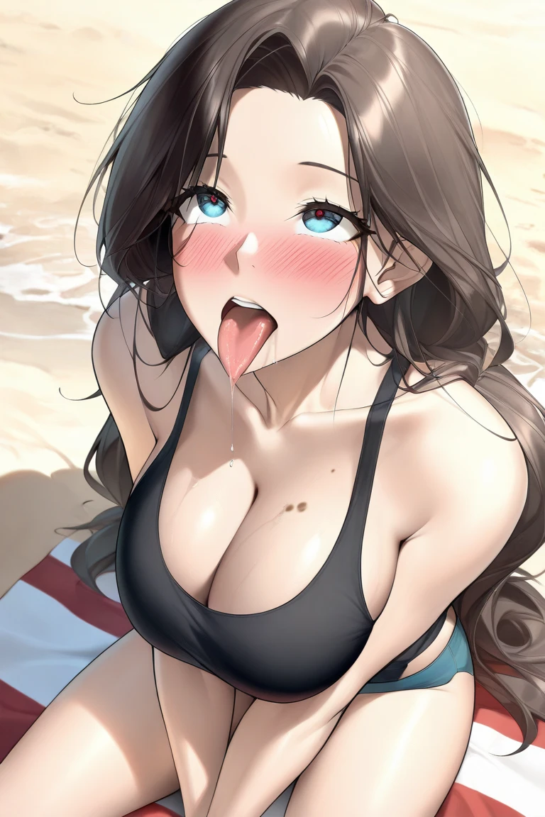 One Woman, Highest quality, masterpiece, Super Resolution, Large Breasts, Idol, Beauty, ((From the front 1.2)), Cleavage, 8k, High resolution eyes, High-resolution contours, ((Forehead visible 1.3)), Stylish, High-resolution pupils, blush,  High resolution face, High resolution breasts, Ultra HD, Open your mouth, Upper Body, High resolution mouth, Sexy body, ((Super cool face 1.5)), ((Hanging 1.6)), Broken bangs, Brown Hair, Brown eyes, model, Mature Woman, Adult women, Beautiful clavicle, High resolution hair, Mother, maternal, Micro Bikini, Underboob, Sideboob, Beach,  Married Woman, couple, super beautiful, Charm, Alluring, Feeling embarrassed, Sticking out tongue, High resolution tongue, Drooling, Open your mouth wide, 