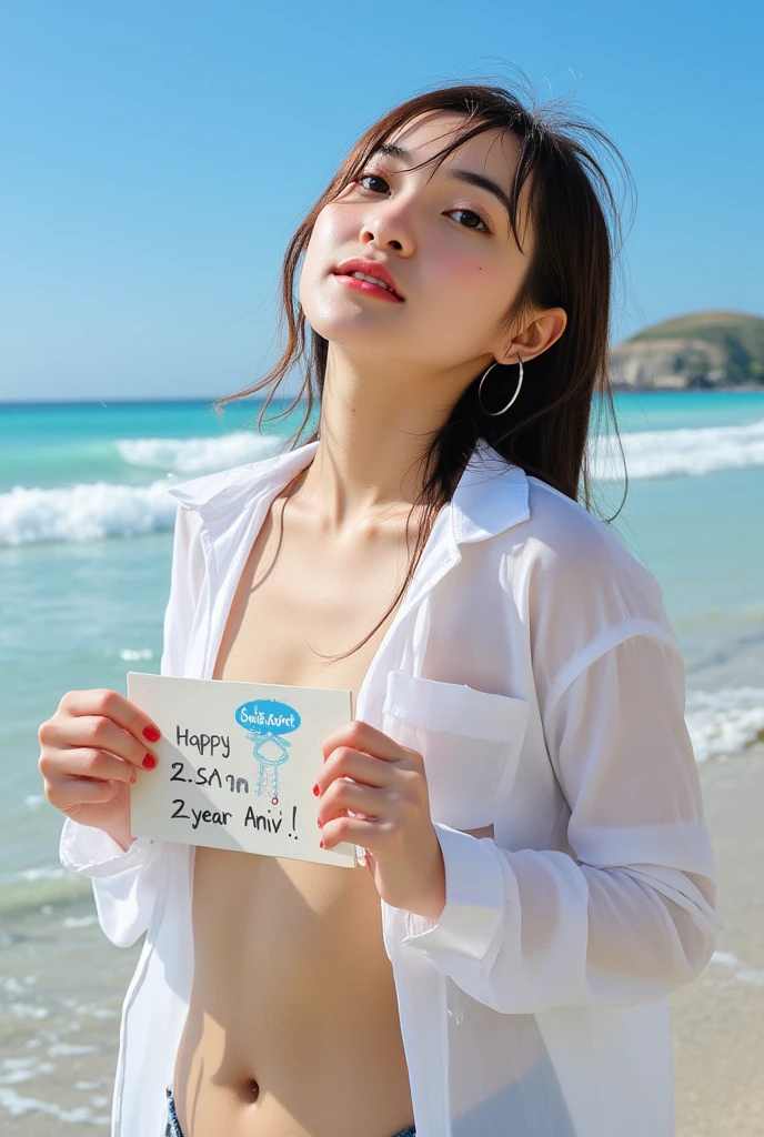 ((presenting a message board with message "Happy 2-year Aniv." and SeaArt logo)), young Japanese singer made from many woman pictures, Under bright sunlight, featuring very small , with pixie brown hair, sun tanned skin, leaning backward in the blue sea, wearing a low-cut white airy relaxing wet long shirt, she is soaking up to her waist, looking at camera, the collar of shirt slipped down from one side, leaving her loose. midjourney_whisper_innocent_eyes , (Vivid Colors: 1.4),
