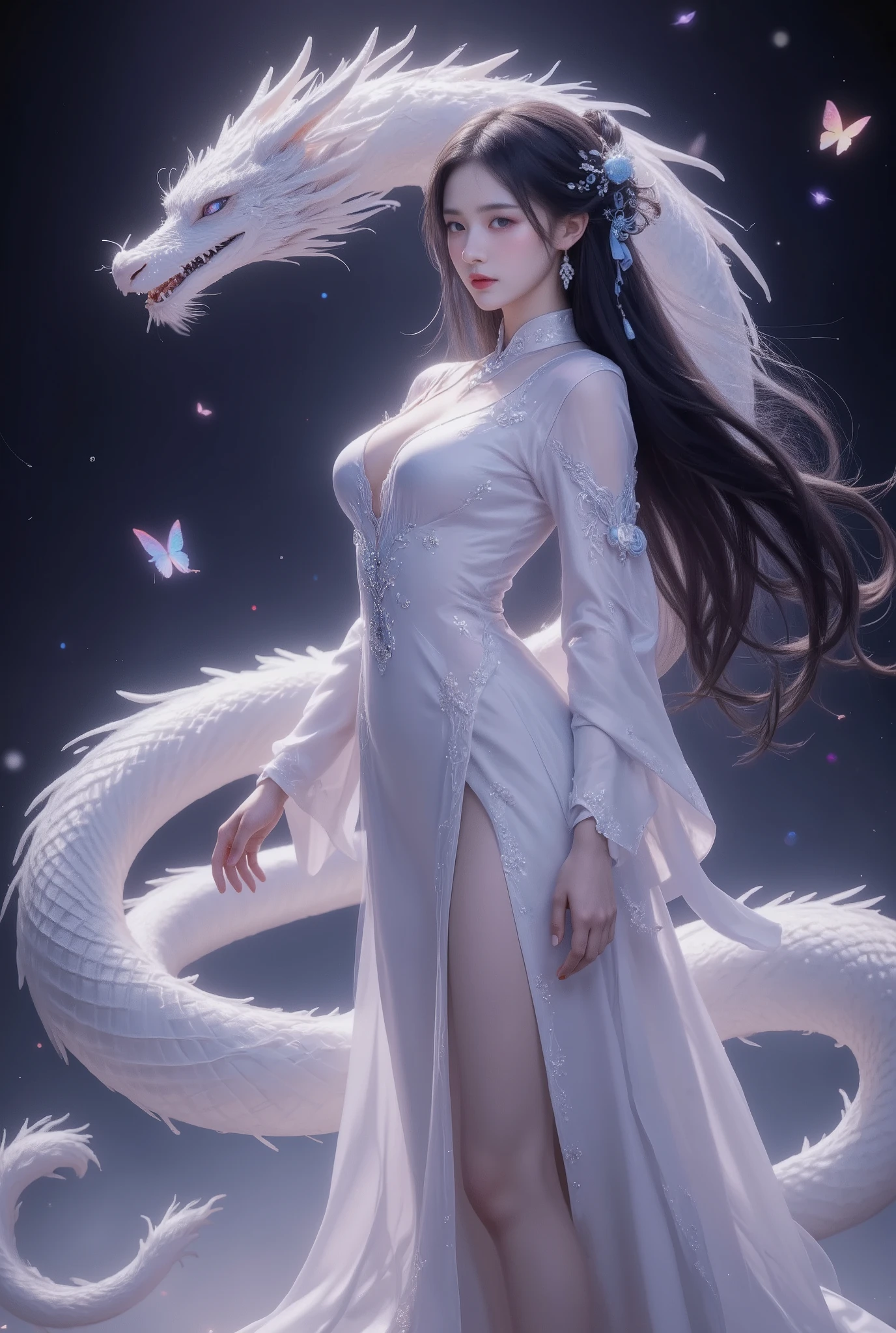 This is a highly detailed digital artwork in the anime style, depicting a serene and mystical scene. The central figure is a woman with long, flowing black hair adorned with delicate white ribbons. She wears an elegant, white, traditional Chinese dress with intricate, flowing sleeves and a high collar. The dress is adorned with delicate blue and white beadwork and tassels, adding a touch of sparkle and depth to the fabric. The woman's skin is fair, and she has a serene expression with soft, delicate features.
To her left, a large, graceful white dragon with a long, sinuous body winds around the woman, its scales shimmering with a subtle iridescence. The dragon's eyes are a deep, penetrating blue, and its mouth is slightly open, revealing sharp teeth. The dragon's body blends seamlessly into the background, which is a gradient of dark purples and blacks, creating a sense of depth and movement.
In the background, there are subtle, glowing orbs and wispy, ethereal light effects, enhancing the mystical atmosphere. A few butterflies, with translucent wings, float gently around the woman, adding to the ethereal feel of the scene. The overall composition is balanced and harmonious, with a blend of fantasy and traditional elements.