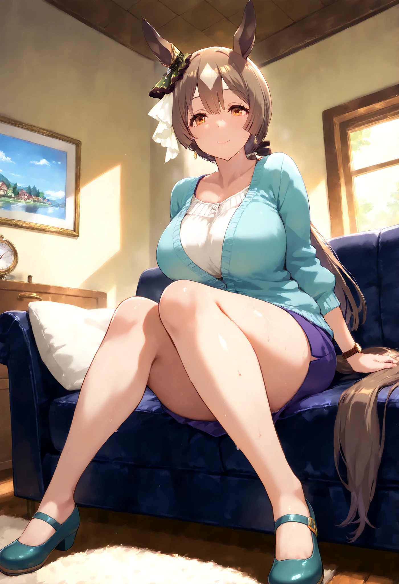Satouno Diamond Umamusume, masterpiece, top quality,, score_9, score_8_up, score_7_up ,Bra, panties with DECOR,
Satono Diamond \(Uma Musume\),nsfw,mature woman, housewife, Mature Woman, Living Room, Sofaにsitting, 1 girl, horse ears, earrings, , smile, horse tail, watch viewers,opening, cowboy shot, ,
, ,
chest, half-open, sweat,, , mature woman, room, Pose, 軽いsmile, white shirt, cardigan, miniskirt, thigh, , feet, , Sofa, sitting, ,, casual with short hem_Clothes, 1 girl, solo, Long, chest, watch viewers, , smile, bungs, , brown hair, , long sleeve, villages with, , closed mouth, clavicle, tail, , shorts, , streaked hair, , , forward leaning posture, , full body, 黒いshoes下, shoes,