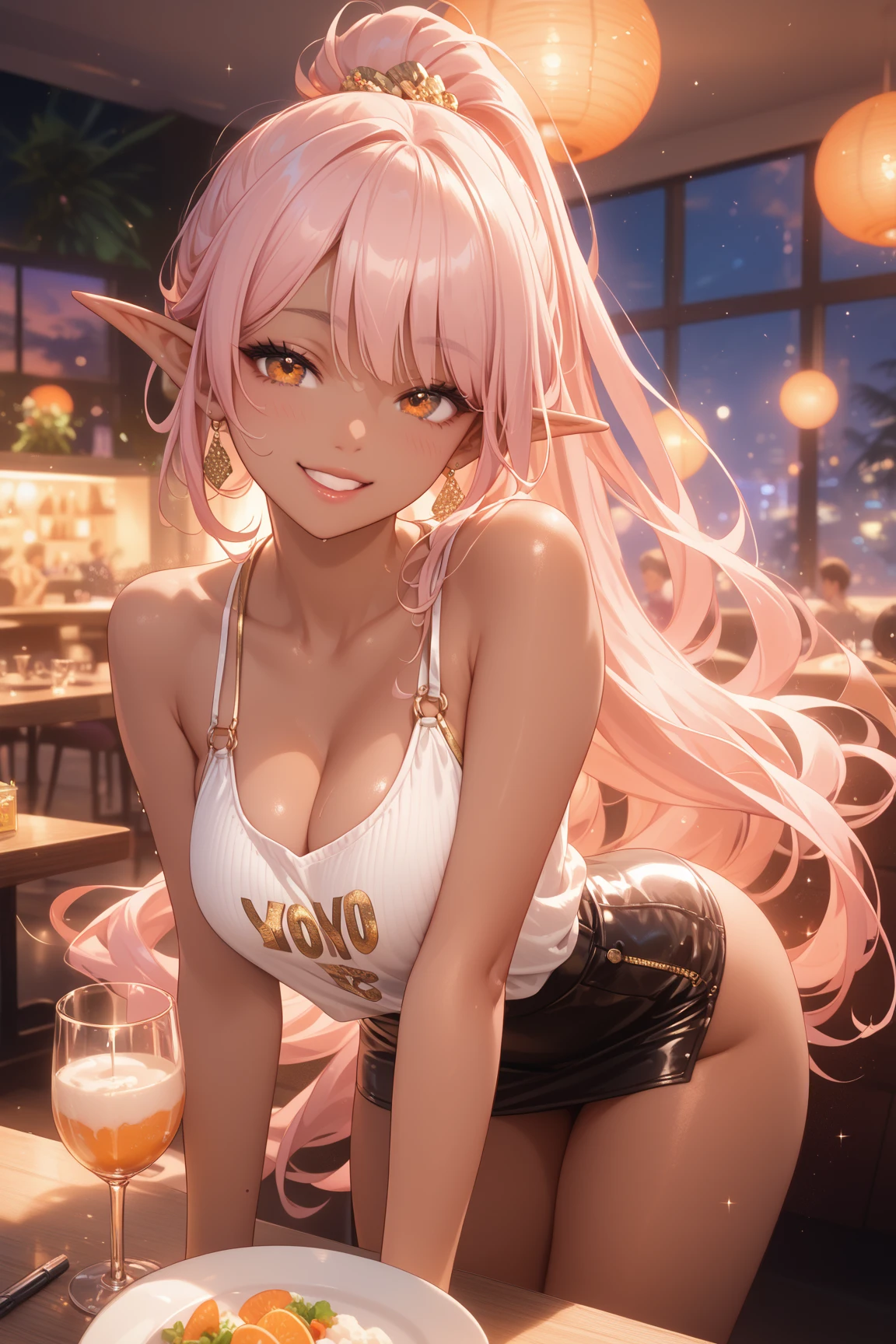 masterpiece, best quality, 1girl, {white hair with {{green and pink highlights}}}, {{{{eye reflection}}}}, detailed eyes, glossy hair, reflective eyes, orange eyes, upper body, detailed face, multicolored hair, clothes around waist, off shoulder, baggy clothes, high ponytail, small breasts, {duffel bag}, sweatpants, {{{off-shoulder shirt}}}, {skinny}, tall, {{{{vampire}}}}, {{fangs}}, slit pupils, eye focus, pointed ears, smile, soft skin, dark, night, {{urban}}, street light, street, autumn, autumn leaves, {bare shoulders}, {[{older}}}<lora:KHYLERI35:0.8>