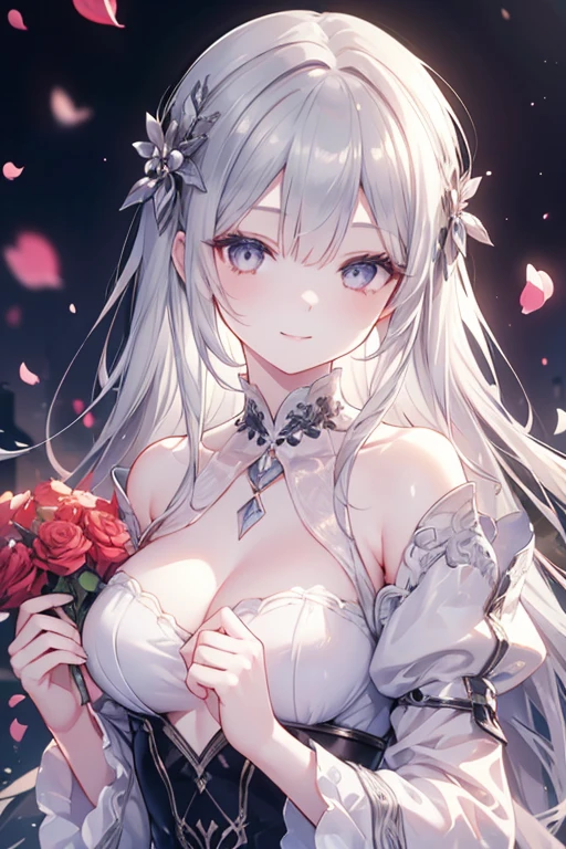 Girl with gray hair and red eyes、Blonde and red-eyed girl、Fluffy clothes、Surrounded by roses,beautiful and detailed eyes ,smiled mischievously