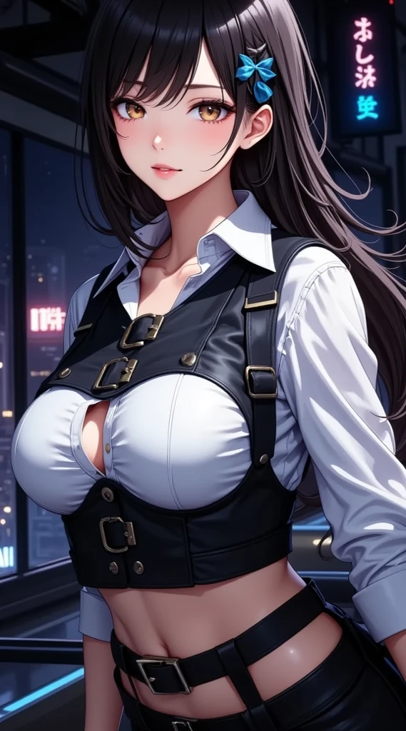 1girl, black hair, long hair, white, big boobs, bra, crop jacket, lab, control room, button, danger