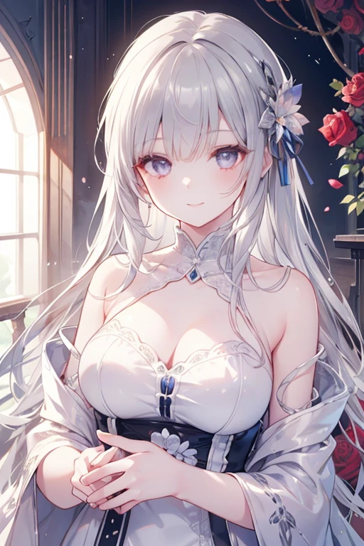 masterpiece, Best quality at best, A highly detailed, illustratio,(1girl),Beautiful detailed eyes, viewer, close-up, (breasts focus), White hair, shyness, cat ear, White Queen Dress, stocklings, Garter, blue eyess, thighlet