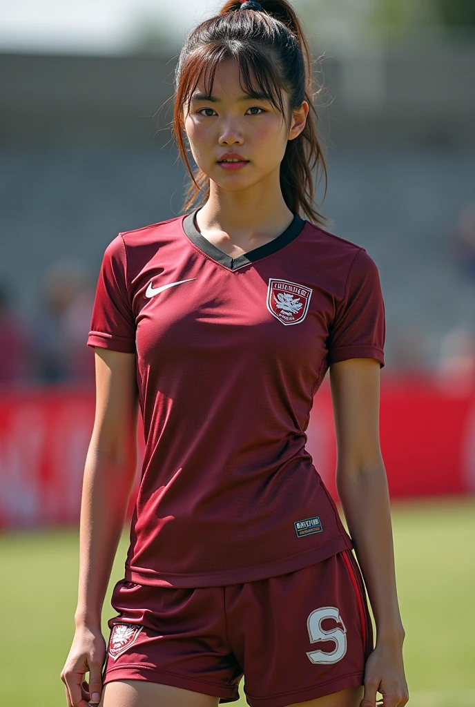 Gorgeous woman, twenty five years old, Indonesian, she is an athlete, wearing black rugby jersey/outfit, updo, outdoor rugby field