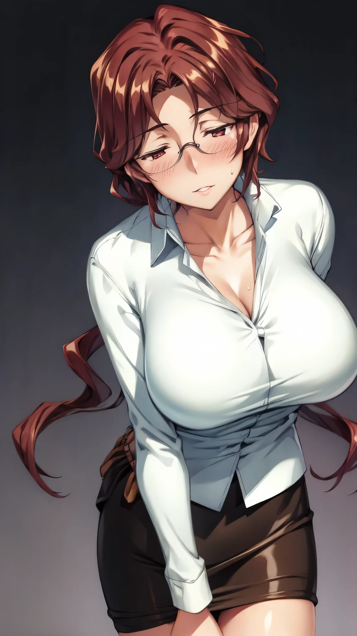 (SUPER QUALITY,super high resolution,16k,A super masterpiece, ,detailed shading and background,)shot from below,sexy mature woman,all night, Gold,glasses,Long-sleeved white shirt with a large collar standing straight,tight tight skirt,cleavage,necklace,Big Breasts,blush,Open the lid of the eye half,Eyes without shine,ecstatic expression,glossy lips,living room,