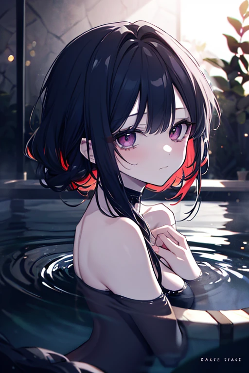 (masterpiece, Best quality, ultra detailed, best shadow), (detailed background, dark fantasy), (beautiful detailed face), high contrast, (Better lighting, very gentle and beautiful), ((cinematic light)), colorful, hyperdetailing, dramatic light, complex parts, (1 girl, Sharp face, hair between eyes, vampire, with black hair, with red eyes, black dress, bare shoulders, bright eyes, (sitting on the water), Dynamic angle), (swirling black light around the character:1.5), depth of field, Black light particles, (top view), (dark water)