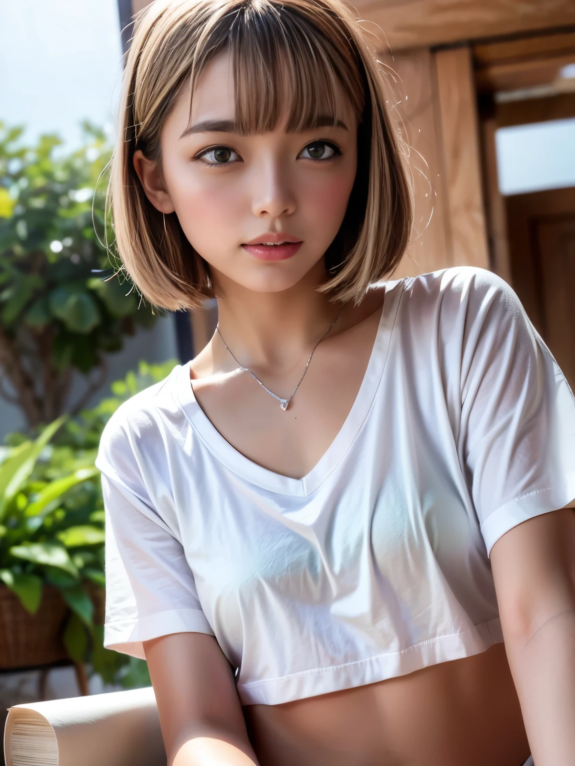 Detailed Faces ,  Beautiful Eyes,  photorealistic ,  depth of field, white t-shirt,  micro bikini,, 22 years old, bungs,  small , ((  silver short bob )), Faint lips,  cowboy shot,   Green camouflage paint on S ,  Close to viewer  , Book Arm Side Dojo、  Full Breast  :1.ee-through t-shirt facing straight to camera  、No:1.