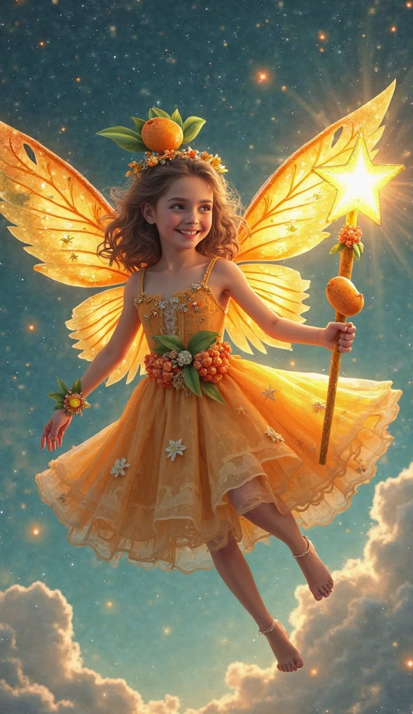 Encounter with the Golden Fairy:
Laura, the curious , stands before the Golden Fairy, a fairy with bright, golden wings. The fairy is surrounded by an aura of light and holds a magic wand. Laura's and the fairy's facial expressions show surprise and delight. The setting is a flowery field with colorful flowers and tall trees in the background. --auto --s2