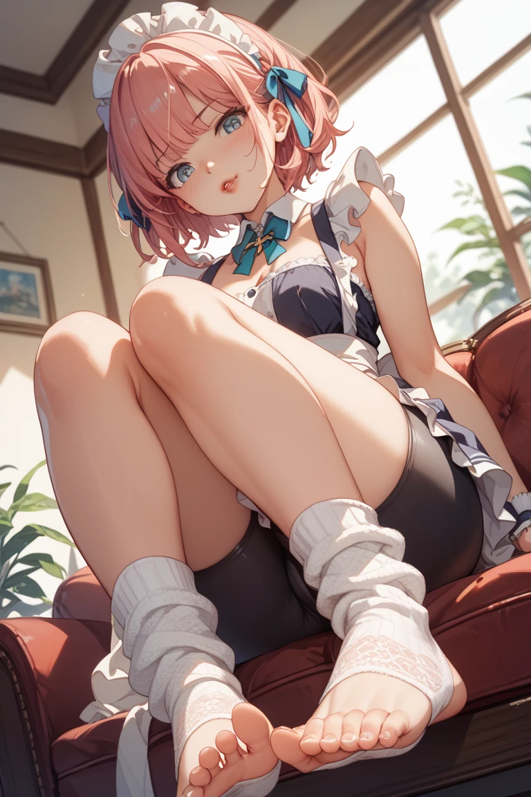 absurderes、high resolusion、(masterpiece:1.2)、full body, best qualtiy、perfect anatomia、ighly detailed, Look at viewer, ((sitting at bed)), ((crossed legs)), blue eyes, Yui, 1girl in, Lori, Light pink hair,short-hair, , black pantyhose, Black lingerie, Bra, garterbelts, slim body, sexy body, living room background, moan, Smile, blushing, ((smug face:1.4)), red face, face, wet skin, Wedge shoes, tusk, depth of fields、bokeh dof, Provocation, seductiv, NSFW, Cowboy Shot,