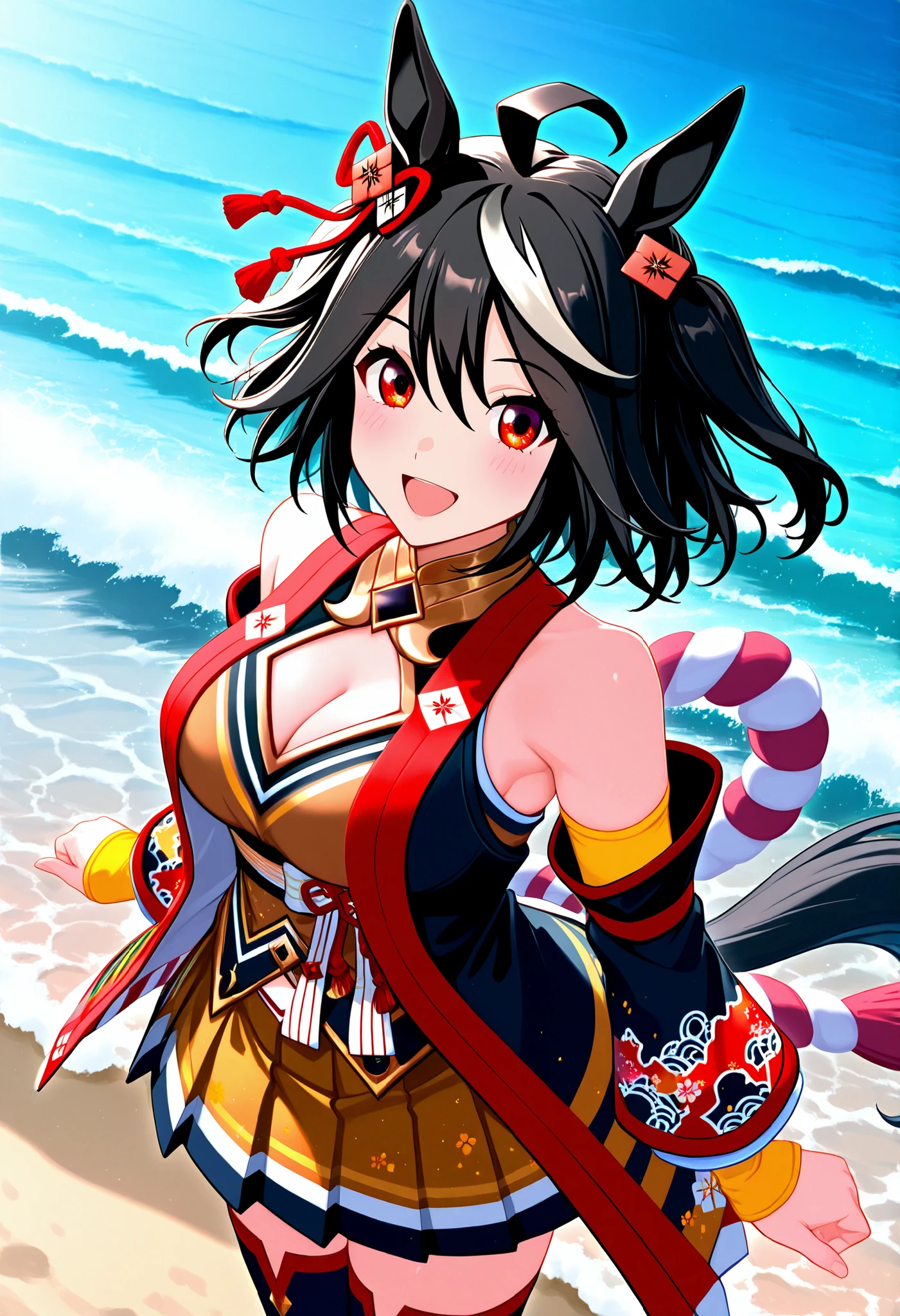 Kitasan Black Uma Musume, score_9, score_8_up, score_7_up, sauce_anime, solo, 1 girl, , happy, watch viewers, standing, waves, stupid hair, hair ornament, animal ears, cleavage cutouts, Shimenawa , Red and white rope, separated sleeve, yellow skirt, pleated skirt, black thigh high socks, bare shoulder, horse tail, Outdoors 