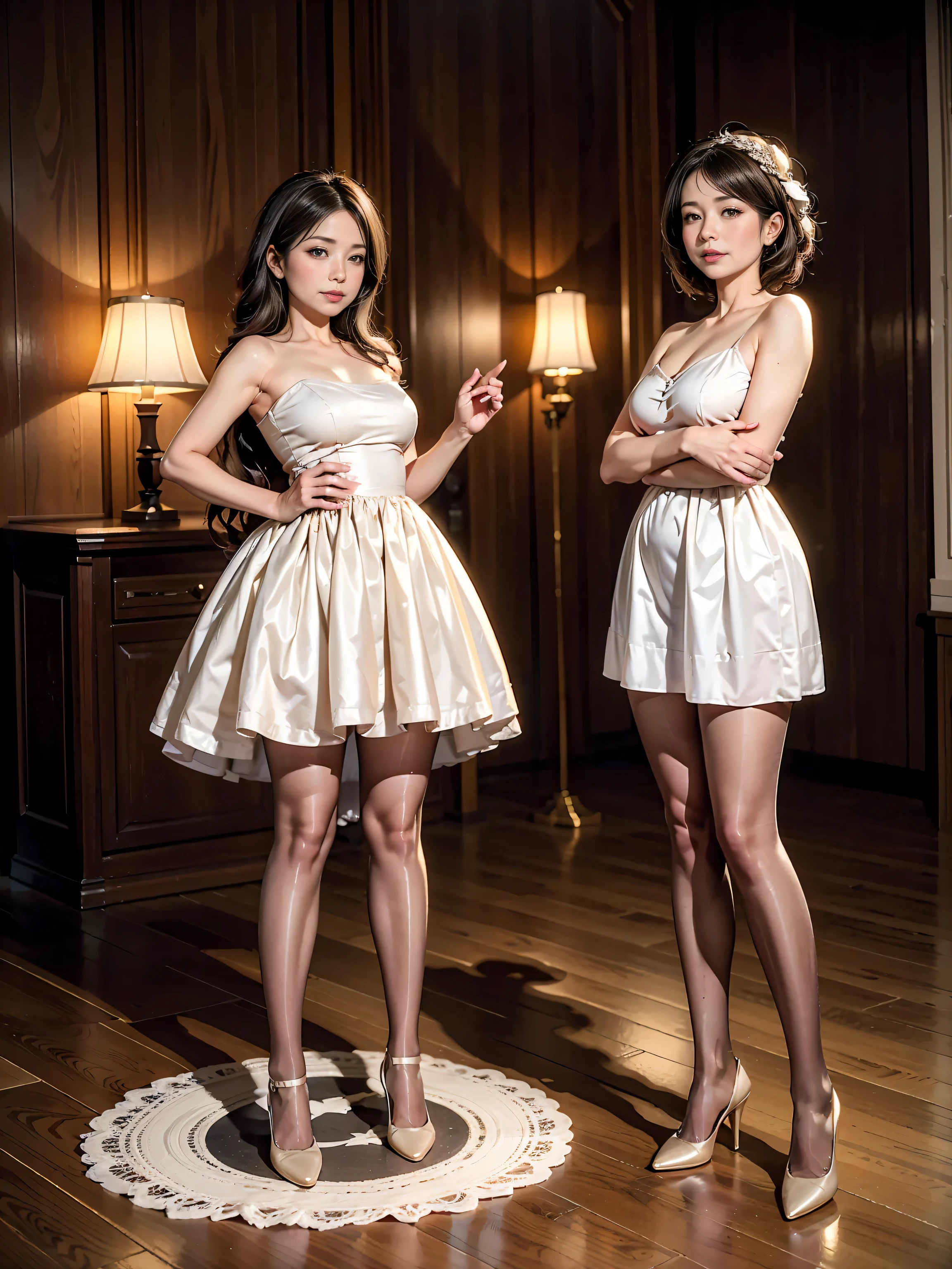２Men's Tall Adult Women　((２A 50-year-old woman)) ２ middle-aged woman　((skinny body))  Body with Excellent Style  　white dress　White ruffled mini skirt　long hair　(beige pantyhose:1.2)　 (high heels)　full body　Draw to the toes　　top quality　４K　standing