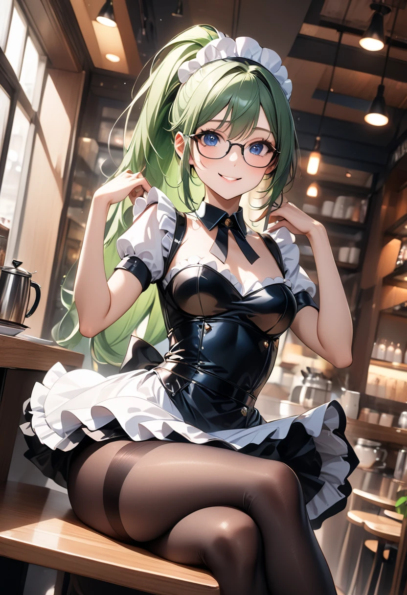 18 yeas old, girl, green hair, long hair, slim, big tits, narrow red eyes, cute, cat ears, glasses,
(embarrassed, blush:1.4), (ecstasy:1), (think:1.8), (grin:1.5), sailor uniform, See-through, ribbon, fishnet, garter belt, frills, Kneesocks, high heels, blue rose, headdress, frontal, standing, crowded train, centet of attention, inside the train, how many men