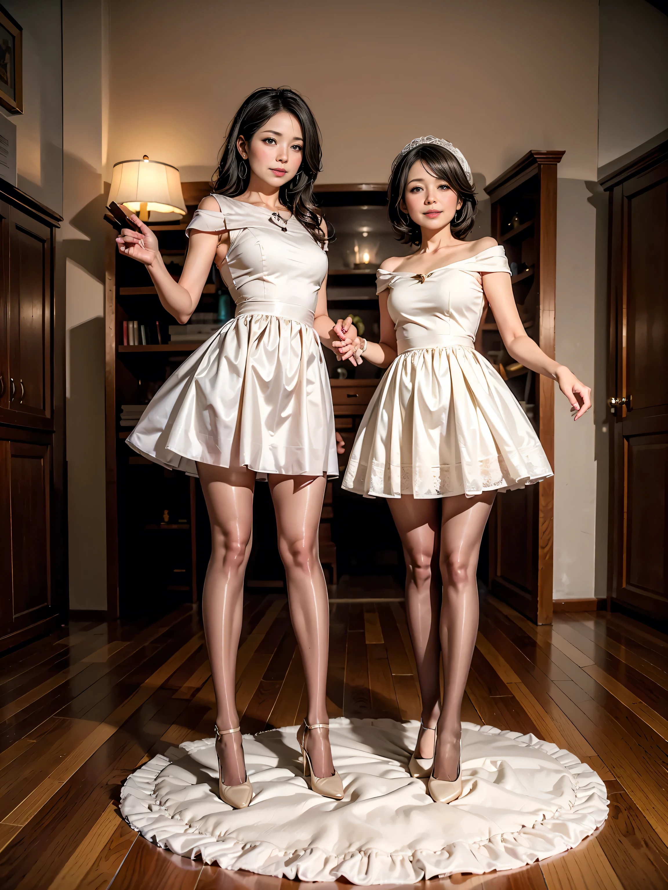 ２Men's Tall Adult Women　((２A 50-year-old woman)) ２ middle-aged woman　((skinny body))  Body with Excellent Style  　white dress　White ruffled mini skirt　long hair　(beige pantyhose:1.2)　 (high heels)　full body　Draw to the toes　　top quality　４K　standing