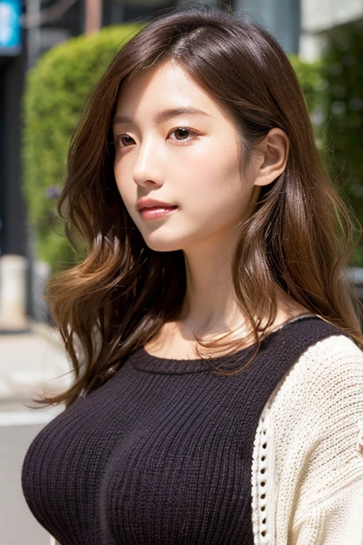 ((8K)), highest quality, 超High resolution, (surreal)、(High resolution), 1 girl, ((gray V-neck-sweater)),((Cropped knit sweater)),((Bell sleeve sweater)), Overweight, extremely fat, ((Chubby)),Japanese, Brown Hair, long hair, Straight Hair