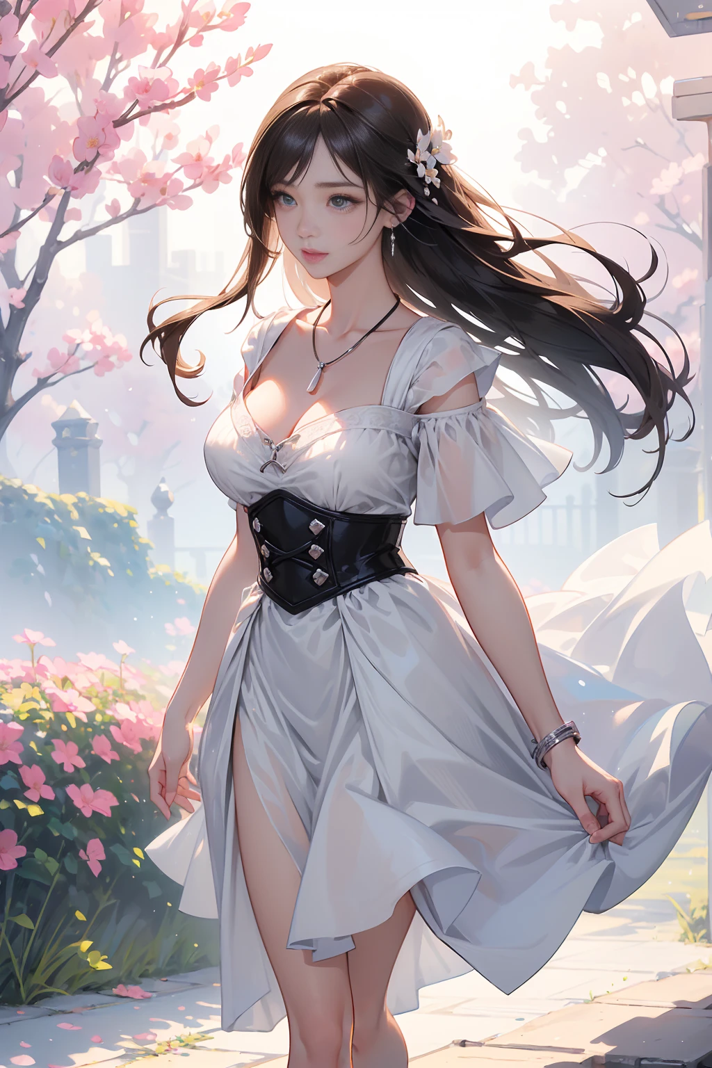 (Finest quality)),(超A high resolution),(ultra-detailliert),(Meticulous portrayal),((best pictures)),(Finest works of art),Ultra-Precision Art,The art of astounding depiction, Fashion art:1.5, Corset Dresses,耳Nipple Ring,a necklace,the ring,Surrounded by flowers,breezing,A slight smil