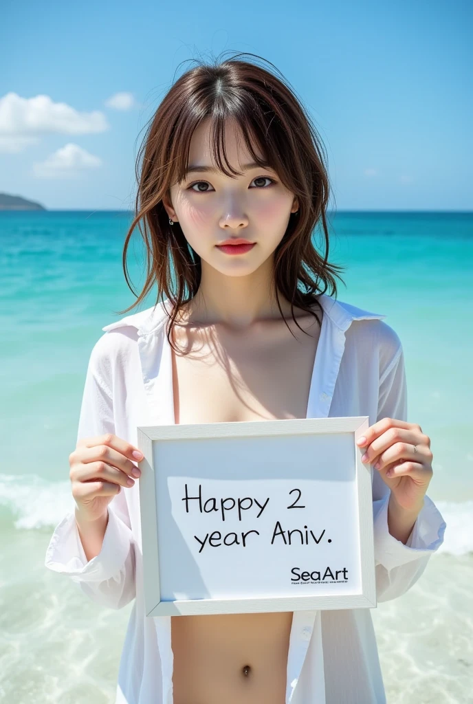 ((presenting a message board with message "Happy 2-year Aniv." and SeaArt logo)), young Japanese singer made from many woman pictures, Under bright sunlight, featuring very small , with pixie brown hair, sun tanned skin, leaning backward in the blue sea, wearing a low-cut white airy relaxing wet long shirt, she is soaking up to her waist, looking at camera, the collar of shirt slipped down from one side, leaving her  loose.  midjourney_whisper_innocent_eyes , (Vivid Colors: 1.4),