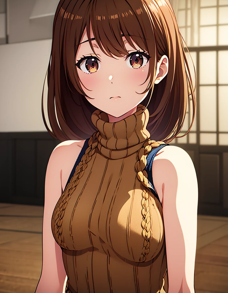 marci, brown hair, short ponytail, yellow eyes, detailed eyes, ((blacksmith)), big breasts, ((naked apron)), ((bare breasts)), topless, ((incoming kiss)), (blushes a lot), (forges a sword)