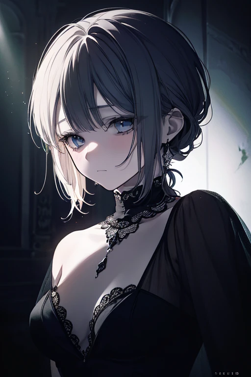 ((Biologically correct limb count))、(( Full-body photo including face))、4K、((Standing position))、masterpiece、((Focus on the face))、((Symmetrical facial features))、Eye for detailed depiction、Beautiful blue-haired woman、Excellent style、Beautiful clavicle、Beautiful feet、Beautiful Hands、Slender body、(Black Stockings、garter belt、High heels)、Facial detailing、Small earrings、necklace、(No sleeve、red gothic dress)、tie、Seductive posture、((She is sitting with her buttocks thrust back and her upper body arched, looking up.))、Looking at the night view、(Low - Angle、A camera angle that captures the inside of a skirt from below)、(((Black Hair、Silver Hair)))、(((Crying face)))、((Face forward and stick your chin out))、Close-up photo of the upper body、