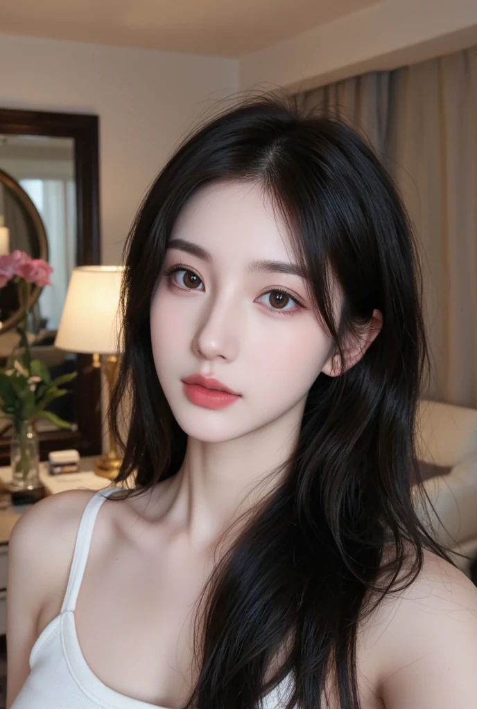 with long black hair、Arafad woman wearing red lipstick posing for photo, Urzan, 8k selfie photos, Clear lips and high quality, Gorgeous Chinese model, Fan Bingbing, sha xi, Xintong Chen, 30 year old female, thick red lips, 30 year old woman, small and thick red lips, 22 years old