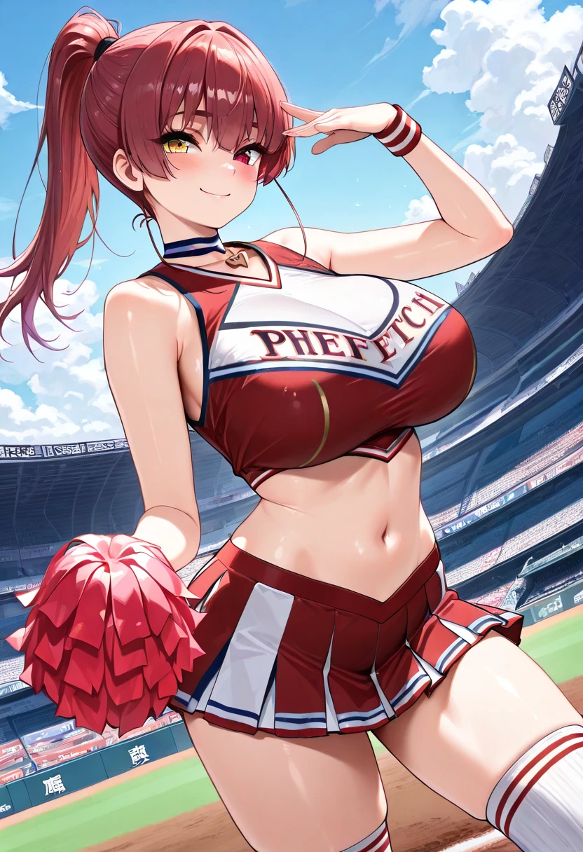one woman,high school girl,big breasts,Belly exposure,highest quality,Super high quality,Cute face,cheerleader,Cheerleader,Angle from directly below,underboob,sweat all over,Red hair,Full view of pussy,Too much exposure of the chest,Lower body naked,with bulging bulge,