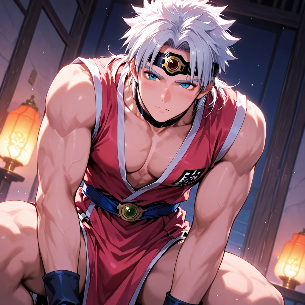 Highest image quality,male people,child,1 boy,Young and handsome,shoun,White color hair,Short flat top hair,Dark skin,anime big breast,anime wallpaper,Solo,malefocus,Briefs,Dilation of the pectoral muscles,Red cape,Bulging crotch,Urban background,spread their legs,Sexy,(Masterpiece, Best quality),Long white socks,Red Martin boots,