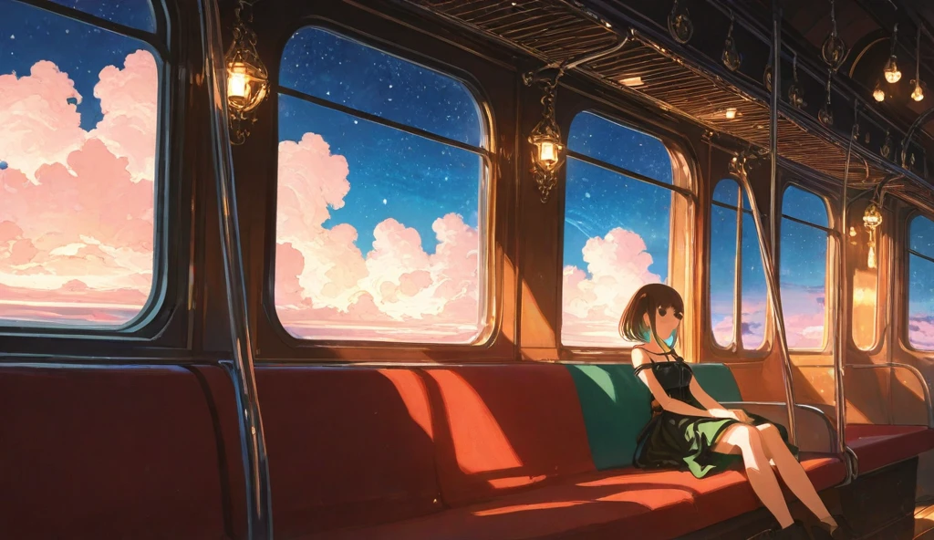 (extremely detailed CG unity 8k wallpaper), (best quality), (best illustration), (best shadow), realistic lighting, beautiful detailed reglow, masterpiece, best quality, lofi artstyle, lofi art, 80s anime style, Retro, Lo-Fi, 1girl, solo, short hair, brown hair, sitting, window, headphones, ground vehicle, train interior