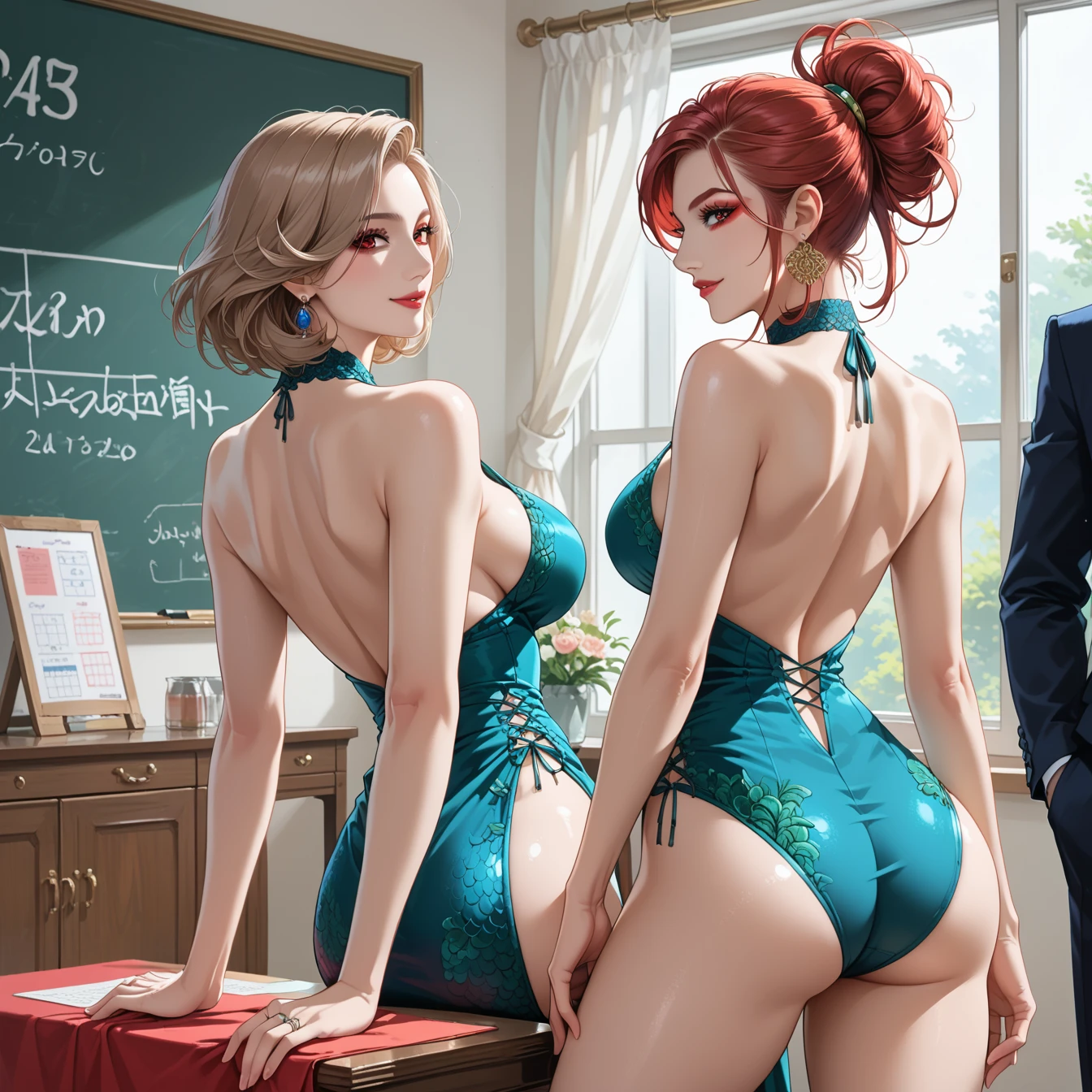 ((masterpiece, highest quality, hyper be familiar with, insanely be familiar with, exquisite, beautiful, 8K)), (more detailed), (sharpen:1.2), (((Bright interior:1.4))), (((face focus))), be familiar with Clothes, ((looking at the viewer)), 1 girl, alone, Mobnurse, bangs, blond hair, (((short hair))), brown eyes, light-blue scrub costume, light-blue scrub cap, (((pokies))), large breasts, garter-belt and stockings, ((autopsy room)),　((highest quality)), ((masterpiece)), ((realistic)) 19 years old, redhead girl, shoulder length hair, relaxed and happy face ((thin)) (Big breasts), ((( Chinese dress turquoise blue short dress))) (((mini skirt))) ((sexy dress)) Odango hairstyle (((detailed character sheet, Front view, Side view, 3/4 view))) (((white background))) 6 and a half whole bodies