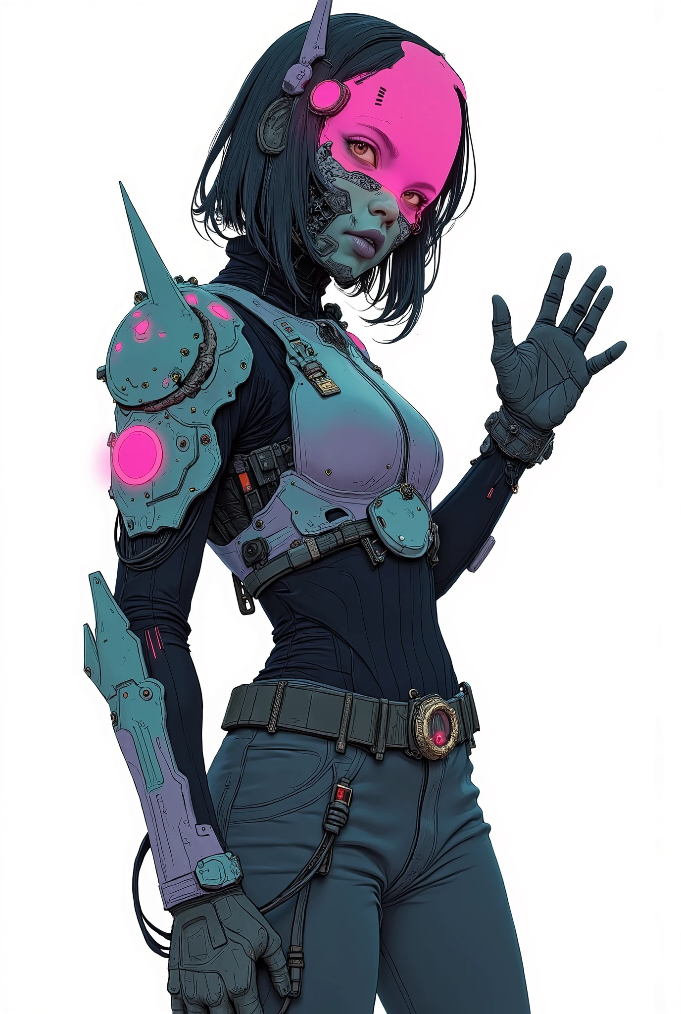 Ready to print t-shirt art vector colorful graffiti illustration of a robotic cyberpunk ninja woman, futuristic cyberpunk city background, realistic picture style, image on white background, centered