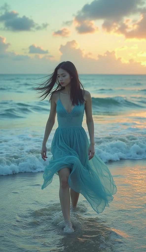 A beautiful Chinese girl standing by the sea in a see-through outfit,light breeze.