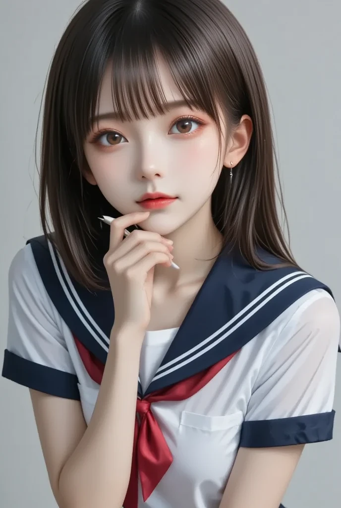 top-quality、​masterpiece、超A high resolution、(Photorealsitic:1.4)、Raw photo、女の子1人、13years、Black hair、glowy skin、((super realistic details))、portlate、globalillumination、Shadow、octan render、8K、ultrasharp、Colossal tits、White sailor suit、Japan School Uniforms、highly intricate detail、Realistic light、CGSoation Trends、a purple eye、radiant eyes、Facing the camera、neon details、sitting on、Futuristic hair ornament、Gundam、Small LED lamp、Purple neon lighting、