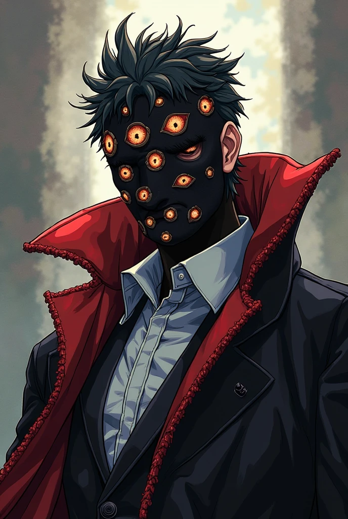 A guy who has no face, no eyes or nose, but has a mouth full of sharp teeth, he wears a blue overcoat, yellow fedora and a red scarf around his neck. Helluva boss Style, Hazbin hotel Style, his skin is flourescent blue.