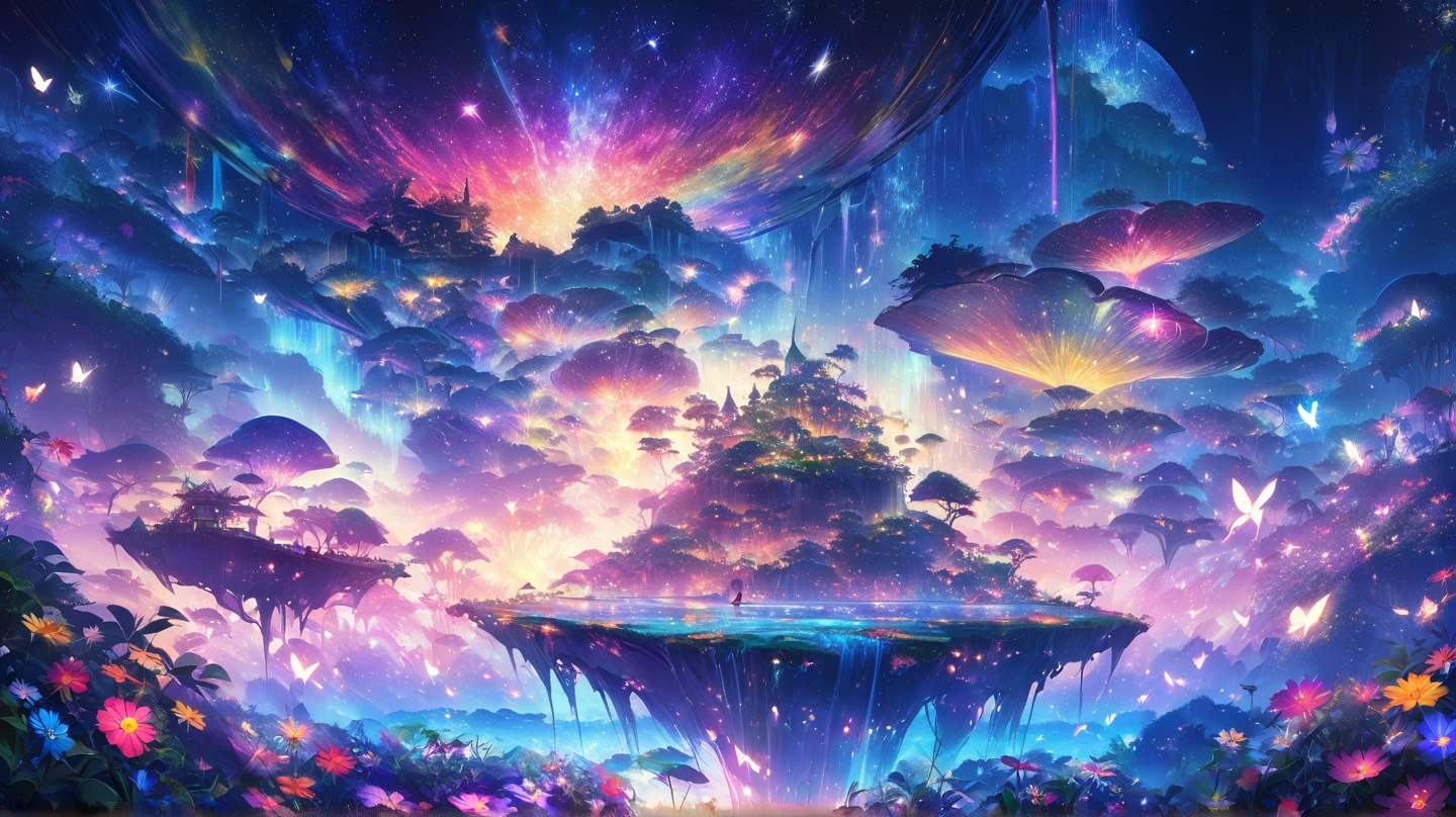 gland level shot, from below, neuron, fantasy jungle nature, fused sun and cloud, waterfall with lake, flower, intricate detailed texture, intricate detailed detail, high contrast, vivid colored, highest quality, highly resolution, chromatic aberration, (iridescence light particle:1.4), lens flare, holographic rendering, physically based rendering,