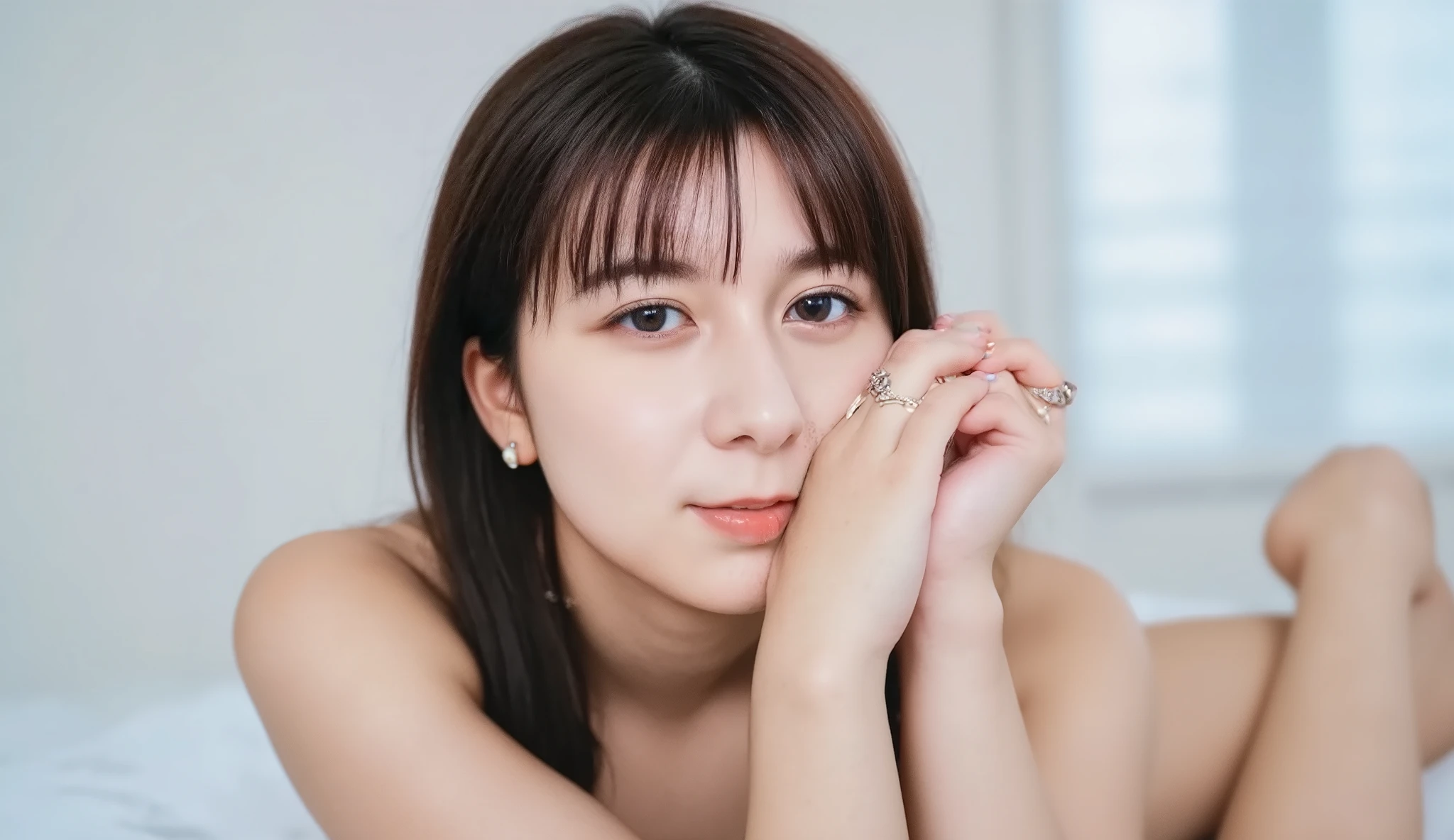1 girl, supine , On the floor, tilt your head, spread legs, Put your foot on your chest, Knee, girls, 22 years old, long hair , ( big bangs), black hair, (smile:1.2), carefully drawn down to the smallest detail, curly hair, ( Big Breasts:0.8), beautiful eyes, beautiful face, sweat, embarrassing, amazing, orgasm, mouth, heavy breathing , bedroom, cinematic lighting, masterpiece, top quality, amazing, very aesthetic , It's ridiculous, latest, (naked:1.2), very detailed, very detailed , nsfw, explicit, completely naked, (naked:1.4), can see small , pubic hairOpen your legs towards me, (Thick , white , cloudy semen is splashed on my nose:1 . 1) , ( lots of white semen in the mouth , cloudy semen in the mouth :1.2), pefect detailed hands