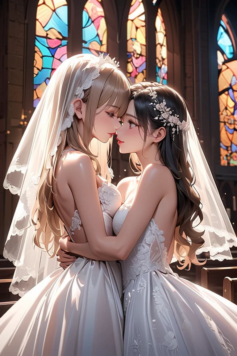 cowboy shot, yuri, 2girls, (kiss), closed eyes, linked collar, large breasts, wedding dress, bare breasts, skindantation, Tiara, ヴェール, shy, red cheek, in church, stained glass, sunbeam, rosary, masterpiece, high quality, best quality, beautiful, hd, perfect lighting, detailed face, detailed body, masterpiece, best quality, intricate details, 8k uhd, perfect face, perfect eyes