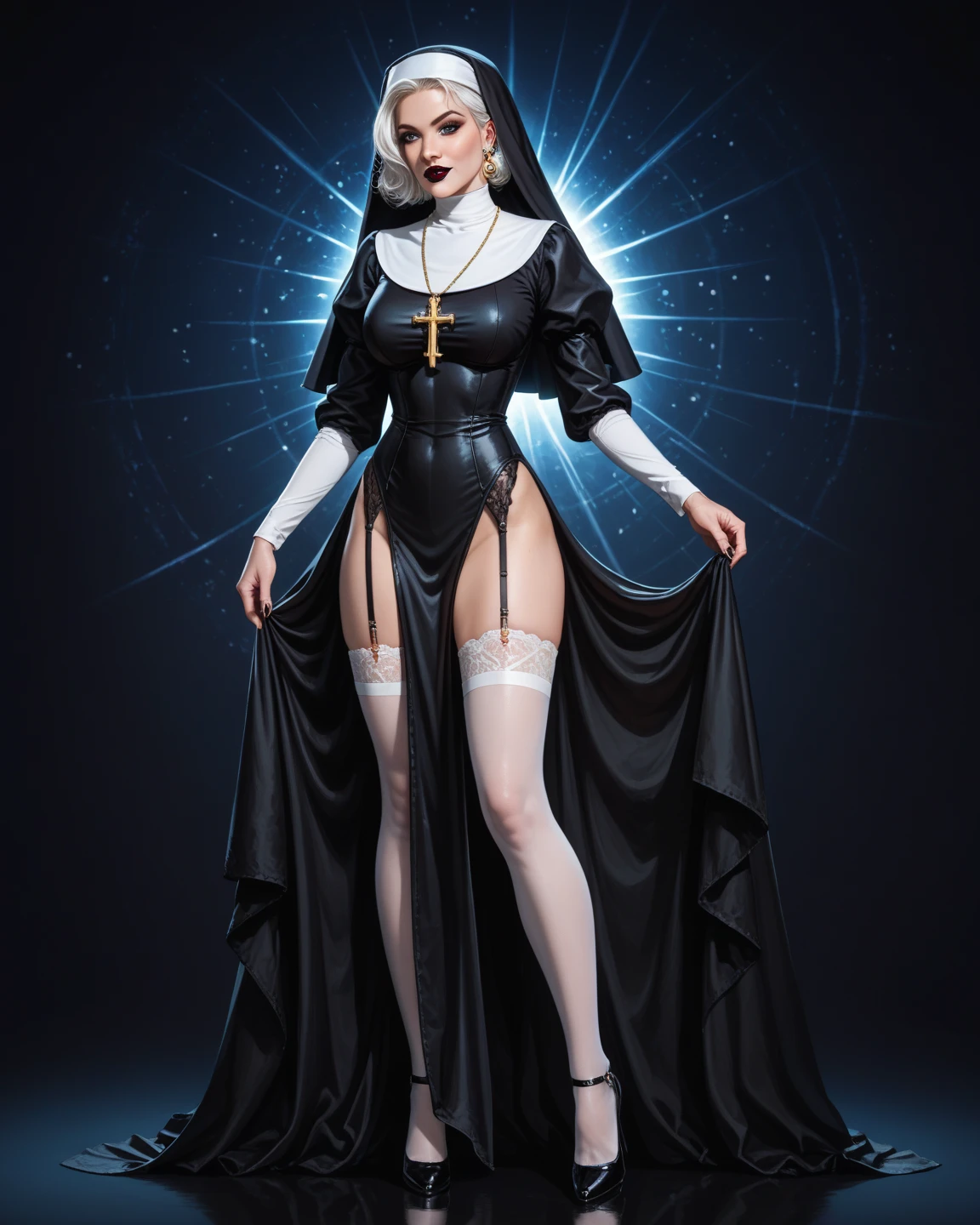 8k,highres,absurdres,masterpiece,best quality,original,extremely detailed CG,extremely detailed wallpaper,perfect lighting,<lyco:GoodHands-beta2:1>,
1girl,solo,blurry_background,looking_at_viewer,standing on the stage,
<lora:nun:0.7>,thighhighs,gloves,cross necklace,black gloves,side slit,nun,