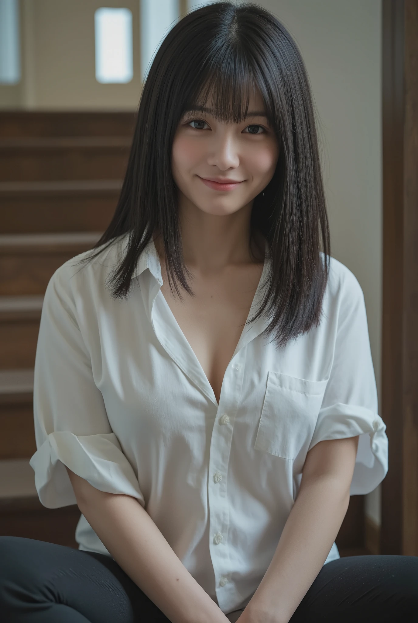 (mature adult woman wearing a leotard1By people),beautiful black hair,With bangs,(((super straight hair))),((long hair)), realistic person images in dark waters,Realism,best quality,mastepeice,top quality,Max Video Quality,highest resolution,FINE DETAILS,Beautiful detailed face,black eyes,((realistic skin)),detailed background,( Exact Upper Body),(perfect upper body),(upper body),((Realismのある肌)),(smiles),((((super big )))),((((She is wearing a white shirt and is wearing)))),(((((is sitting on the stairs in a typical house))),((((Large breasts))),(((((that looks at me close to))))),(((((interior))))),(((((is sitting on the stairs in a typical house))))),(((large size breasts))),(((((Inside the house))))),((((highlight your upper body near the cherry blossom tree)))),
